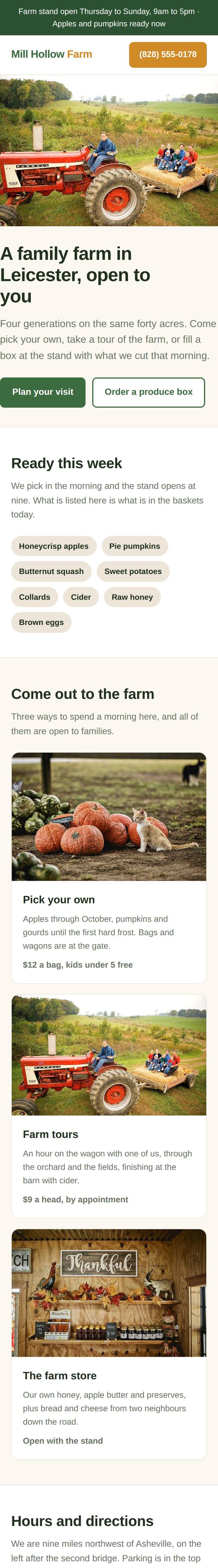 A farm website on a phone, scrolling through the farm stand hours, pick your own and the weekly box