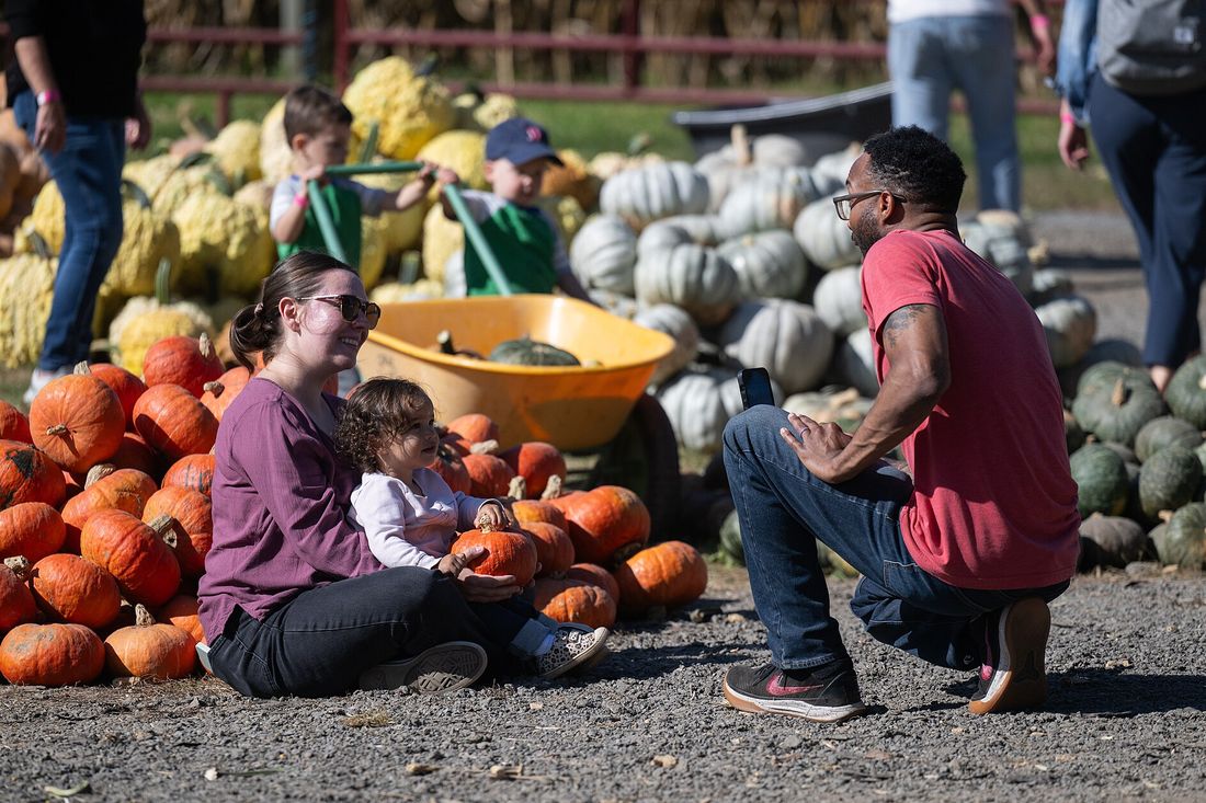 A family picking out pumpkins at a farm during a fall festival