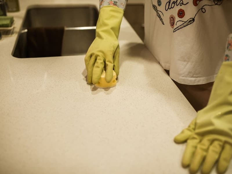 A gloved hand wiping down a kitchen counter