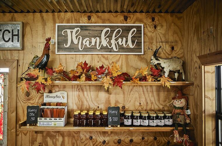 Inside the farm store with jams, honey and preserves on the shelves